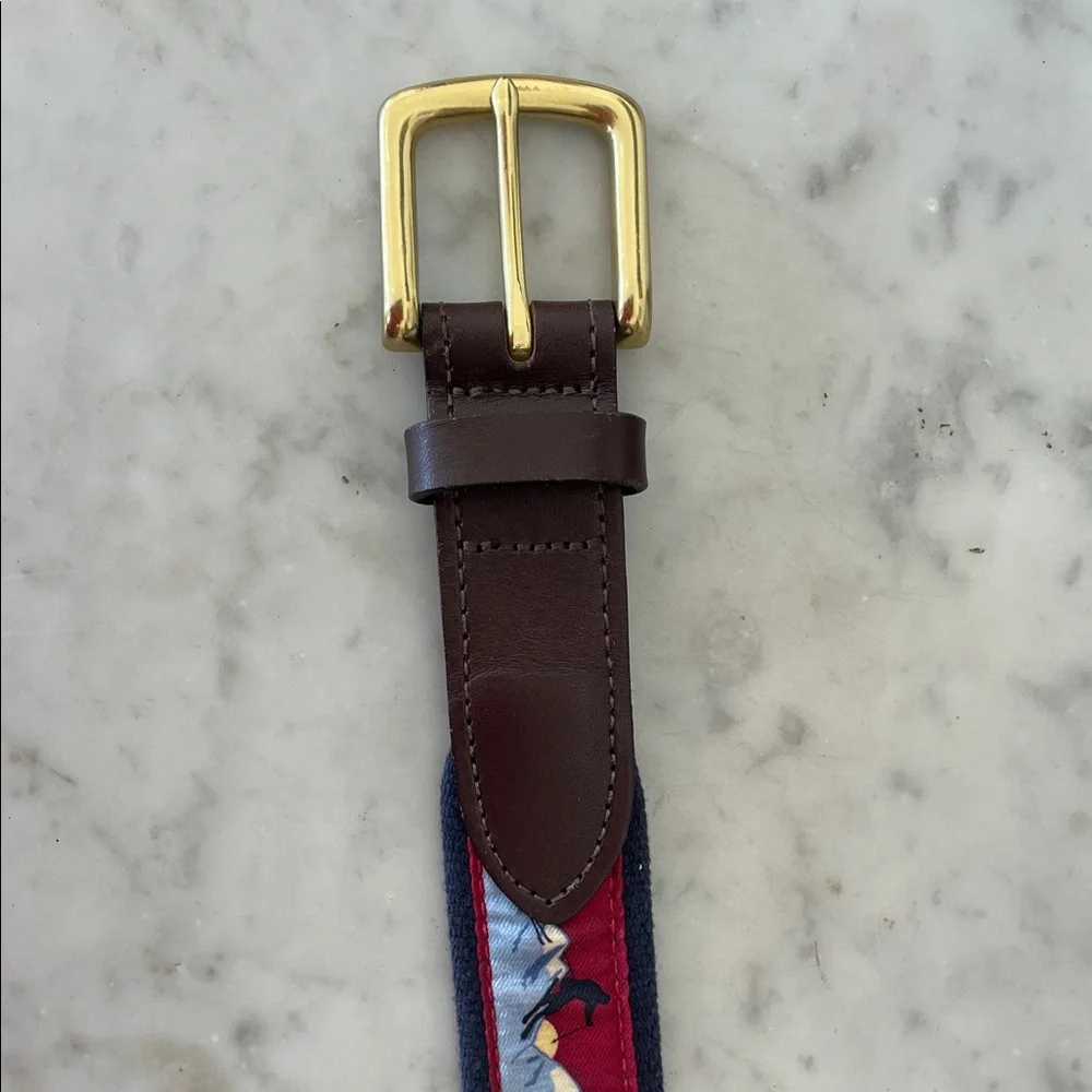 VINEYARD VINES Men's Ski Print Blue Brown Leather Canvas Belt Gold Buckle 30